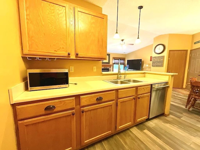 18318 Lakeview Cir Unit 606, Monroe City, MO 63456 - kitchen featuring stainless steel appliances, a sink, a peninsula, light wood-style flooring, and light countertops