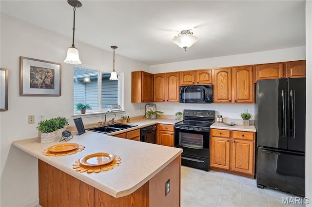 736 Berrywine Ln, Arnold, MO 63010 - kitchen featuring black appliances, light countertops, brown cabinetry, hanging light fixtures, and a peninsula
