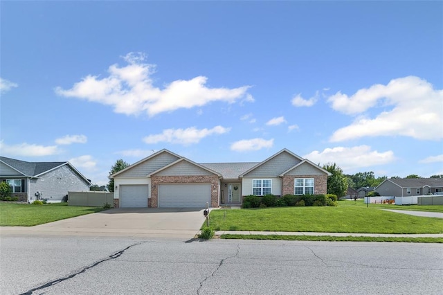 ranch-style home with concrete driveway, a garage, a front lawn, and brick siding