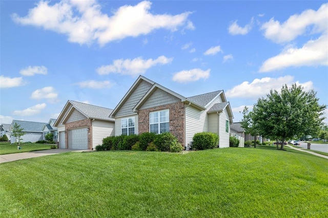 single story home with a front lawn, driveway, an attached garage, and stone siding