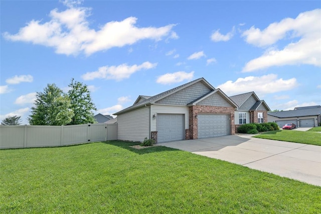 craftsman inspired home with an attached garage, driveway, a gate, and brick siding