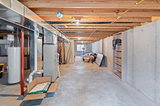basement with water heater and heating unit