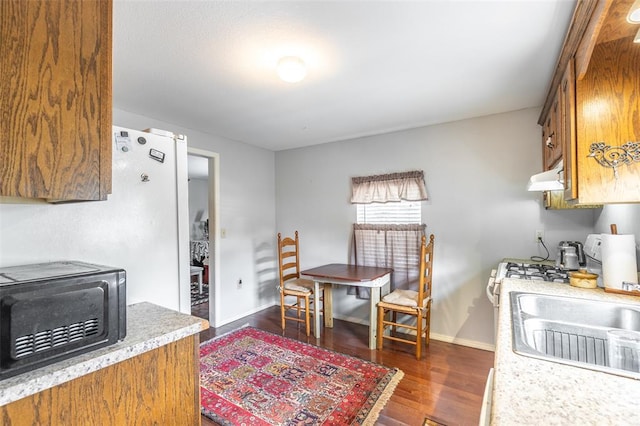700 E S Main St, Dexter, MO 63841 - kitchen with under cabinet range hood, a sink, brown cabinetry, and light countertops