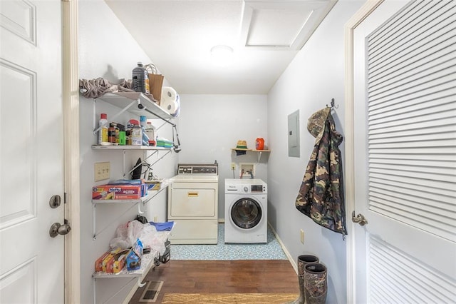 700 E S Main St, Dexter, MO 63841 - laundry area with washing machine and clothes dryer, attic access, and electric panel