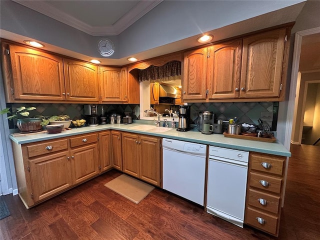 16 Siesta Dr, Hannibal, MO 63401 - kitchen with white dishwasher, ornamental molding, a sink, light countertops, and tasteful backsplash