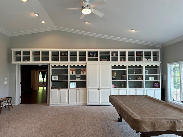 16 Siesta Dr, Hannibal, MO 63401 - rec room featuring lofted ceiling, carpet flooring, recessed lighting, a ceiling fan, and ornamental molding