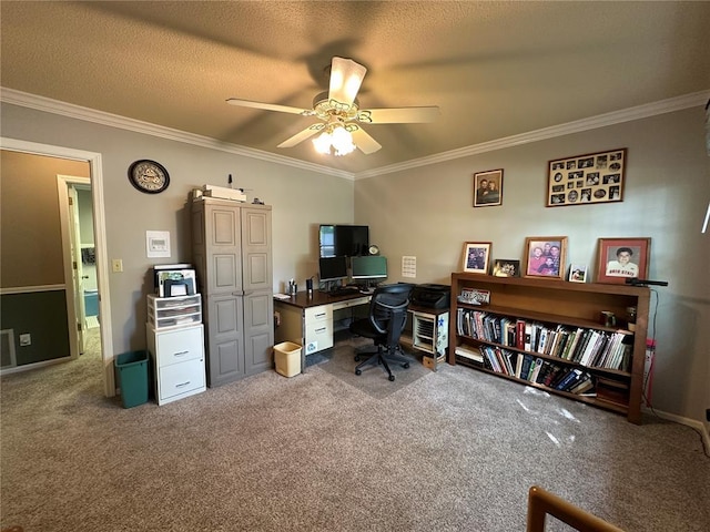 16 Siesta Dr, Hannibal, MO 63401 - carpeted office space featuring crown molding, ceiling fan, and a textured ceiling