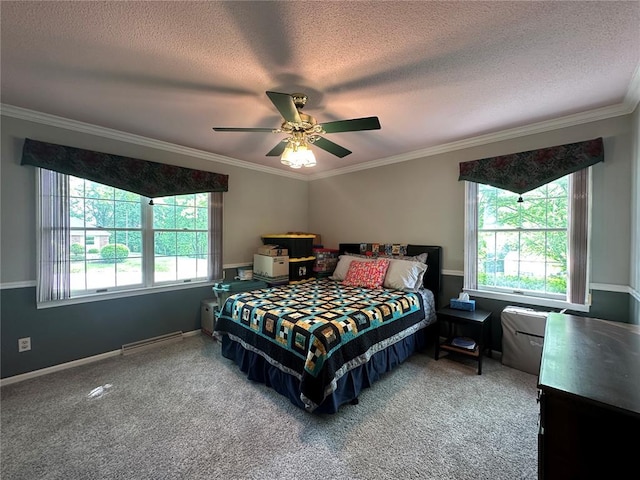 16 Siesta Dr, Hannibal, MO 63401 - carpeted bedroom with crown molding, a textured ceiling, ceiling fan, and baseboards