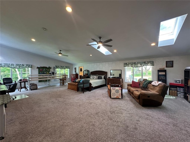 16 Siesta Dr, Hannibal, MO 63401 - carpeted bedroom with multiple windows, a skylight, lofted ceiling, recessed lighting, and crown molding