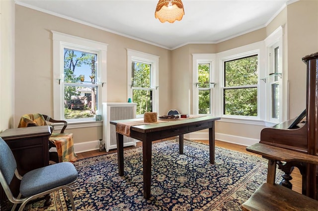 7511 Milan Ave, University City, MO 63130 - home office with baseboards, wood finished floors, and ornamental molding