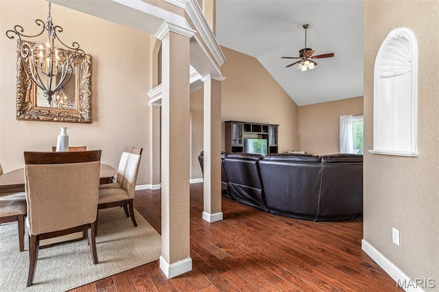 113 Riverwalk Dr, Desloge, MO 63628 - dining area with ceiling fan, wood-type flooring, vaulted ceiling, a chandelier, and ornate columns