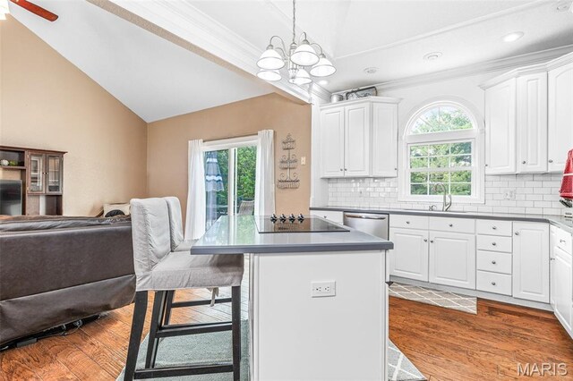 113 Riverwalk Dr, Desloge, MO 63628 - kitchen with vaulted ceiling, open floor plan, stainless steel dishwasher, a kitchen bar, and a chandelier