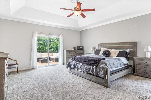 113 Riverwalk Dr, Desloge, MO 63628 - carpeted bedroom with a tray ceiling, access to exterior, ceiling fan, and baseboards