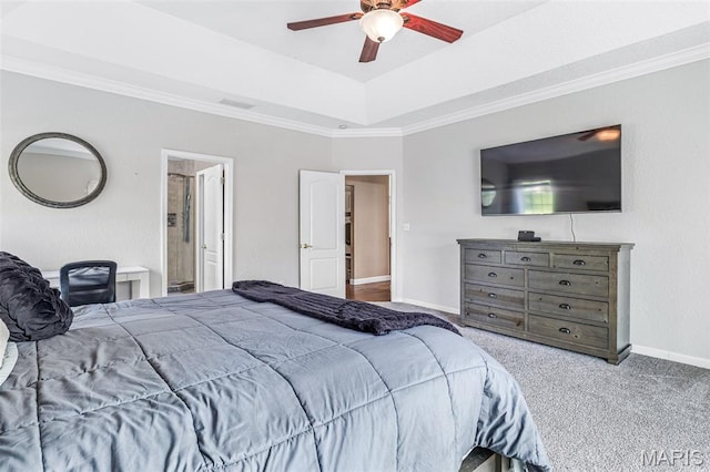 113 Riverwalk Dr, Desloge, MO 63628 - carpeted bedroom with baseboards, ornamental molding, a tray ceiling, and ceiling fan