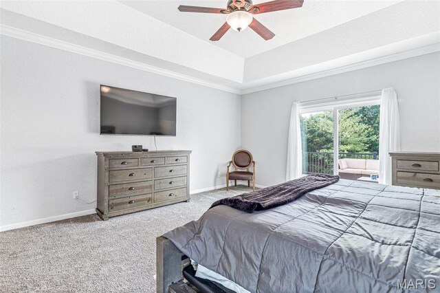113 Riverwalk Dr, Desloge, MO 63628 - bedroom featuring carpet, a tray ceiling, a ceiling fan, baseboards, and ornamental molding