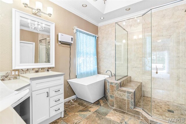 113 Riverwalk Dr, Desloge, MO 63628 - full bathroom featuring ornamental molding, a freestanding bath, vanity, and a stall shower