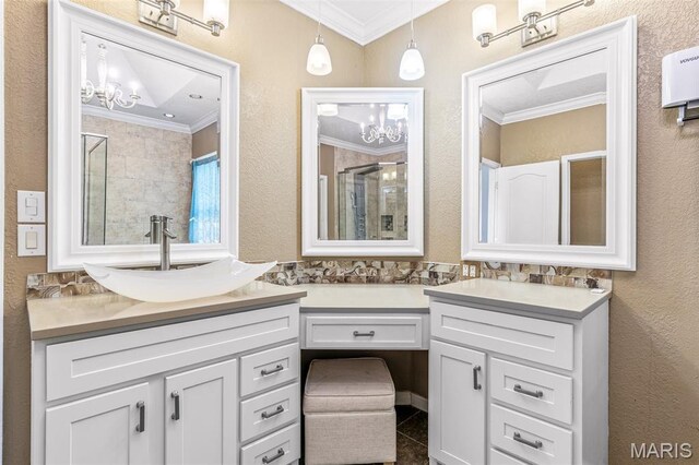 113 Riverwalk Dr, Desloge, MO 63628 - full bathroom featuring a chandelier, crown molding, vanity, and a shower with shower door