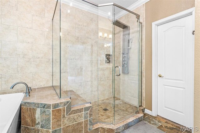 113 Riverwalk Dr, Desloge, MO 63628 - full bathroom with ornamental molding, a stall shower, and a bath