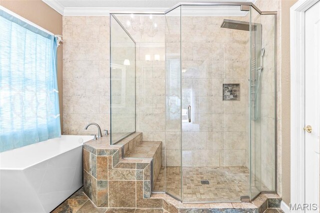 113 Riverwalk Dr, Desloge, MO 63628 - bathroom with a freestanding bath, a stall shower, and crown molding