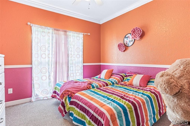 113 Riverwalk Dr, Desloge, MO 63628 - carpeted bedroom with a textured wall, crown molding, baseboards, and ceiling fan