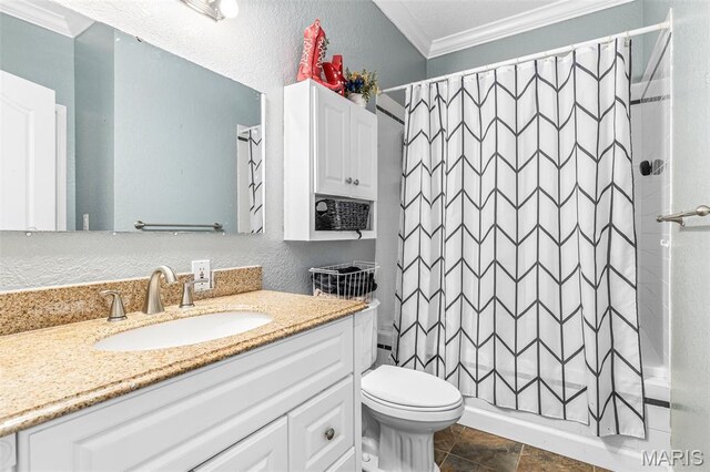 113 Riverwalk Dr, Desloge, MO 63628 - full bathroom featuring ornamental molding, vanity, toilet, a shower with curtain, and a textured wall