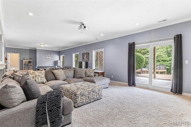 113 Riverwalk Dr, Desloge, MO 63628 - carpeted living room with healthy amount of natural light, ornamental molding, baseboards, and recessed lighting