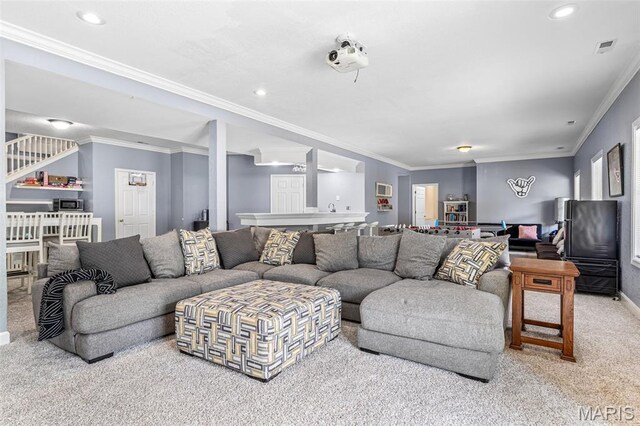 113 Riverwalk Dr, Desloge, MO 63628 - living area with carpet floors, ornamental molding, recessed lighting, and baseboards