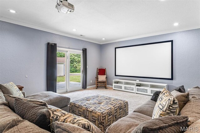 113 Riverwalk Dr, Desloge, MO 63628 - carpeted home theater with ornamental molding, a textured wall, recessed lighting, a textured ceiling, and baseboards