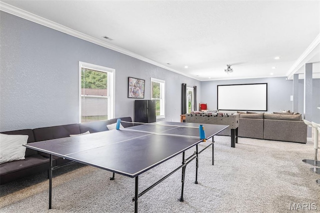 113 Riverwalk Dr, Desloge, MO 63628 - game room with crown molding, carpet flooring, recessed lighting, and a textured wall