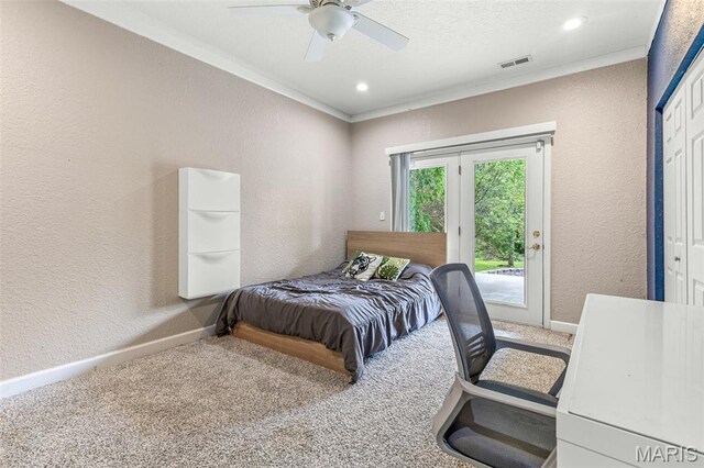 113 Riverwalk Dr, Desloge, MO 63628 - carpeted bedroom with a textured wall, access to exterior, ornamental molding, baseboards, and a ceiling fan