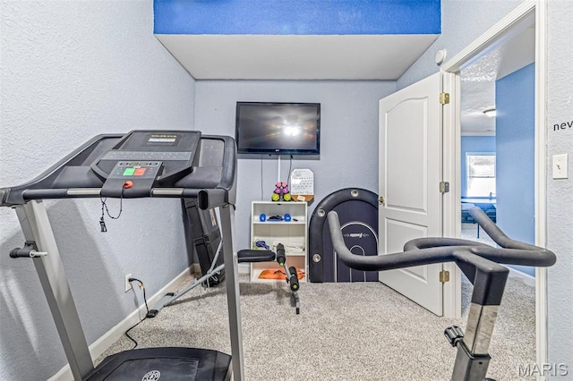 113 Riverwalk Dr, Desloge, MO 63628 - exercise room featuring a textured wall, carpet, and baseboards