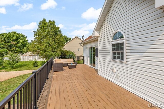 113 Riverwalk Dr, Desloge, MO 63628 - wooden deck with an outdoor living space and a lawn