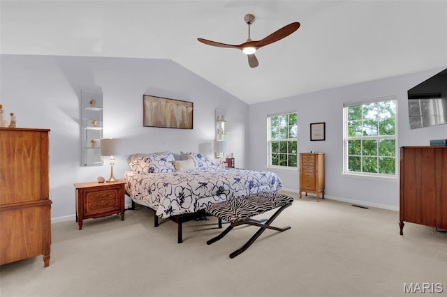 2654 Breckenridge Cir, Ofallon, MO 63368 - carpeted bedroom with vaulted ceiling, baseboards, and ceiling fan