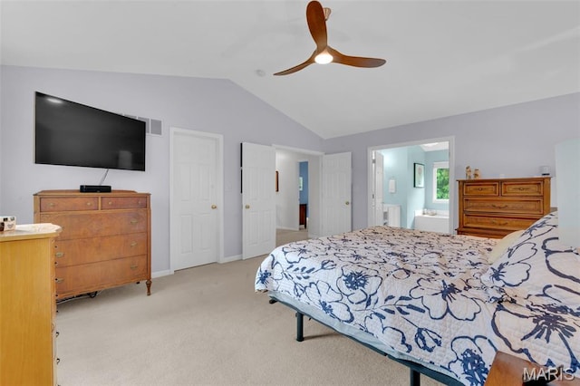 2654 Breckenridge Cir, Ofallon, MO 63368 - carpeted bedroom featuring vaulted ceiling, baseboards, ensuite bath, and a ceiling fan