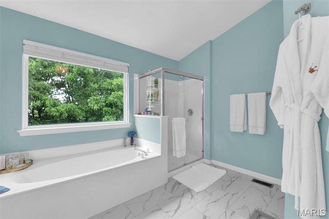 2654 Breckenridge Cir, Ofallon, MO 63368 - bathroom featuring a shower stall, a bath, and marble finish flooring