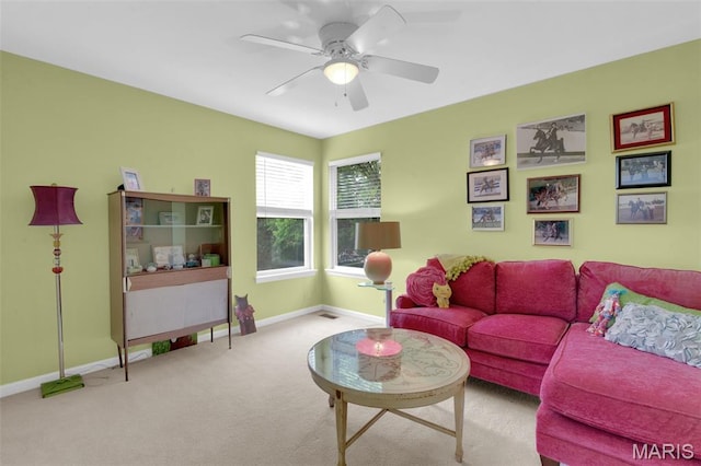 2654 Breckenridge Cir, Ofallon, MO 63368 - living area with carpet flooring, baseboards, and ceiling fan