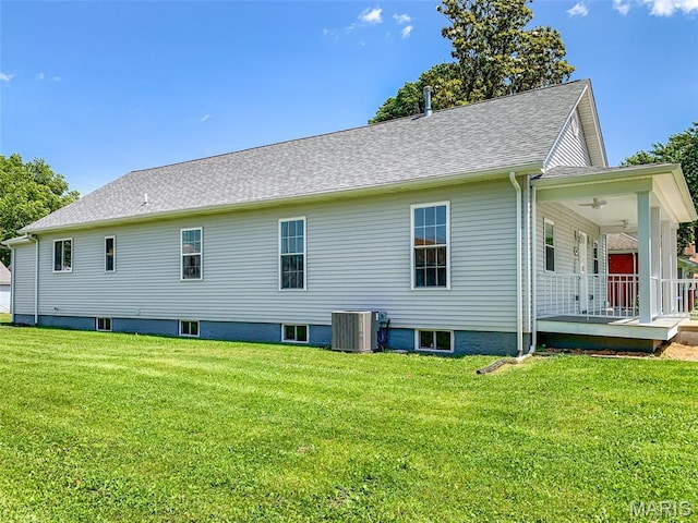 526 State St, Dupo, IL 62239 - rear view of property with a ceiling fan, a lawn, central AC, covered porch, and roof with shingles