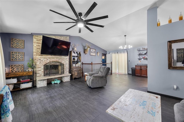 7172 Briarwood Dr, Cedar Hill, MO 63016 - living room featuring a ceiling fan, lofted ceiling, dark wood-style flooring, a chandelier, and a fireplace