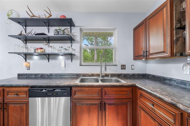 7172 Briarwood Dr, Cedar Hill, MO 63016 - kitchen featuring dishwasher, a sink, and dark countertops