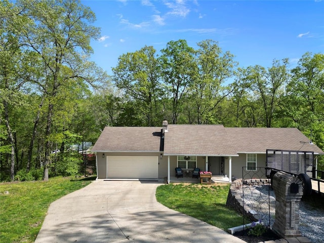 7172 Briarwood Dr, Cedar Hill, MO 63016 - ranch-style house with driveway, a porch, a garage, a chimney, and a front yard