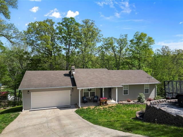 7172 Briarwood Dr, Cedar Hill, MO 63016 - ranch-style house featuring driveway, an attached garage, a chimney, a porch, and a front lawn
