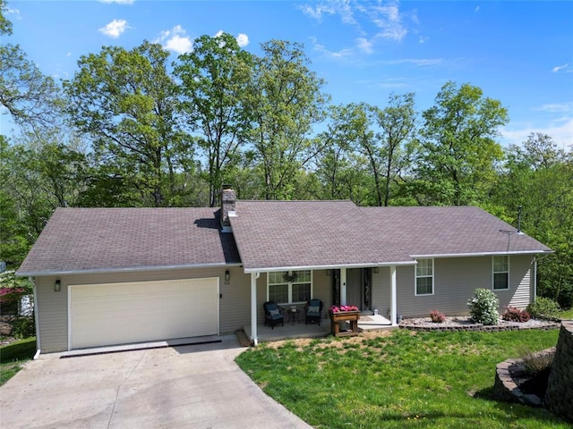 7172 Briarwood Dr, Cedar Hill, MO 63016 - ranch-style home featuring driveway, covered porch, a garage, a chimney, and a front yard