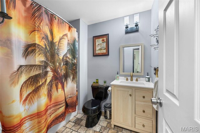 7172 Briarwood Dr, Cedar Hill, MO 63016 - bathroom with vanity, stone finish floors, and curtained shower