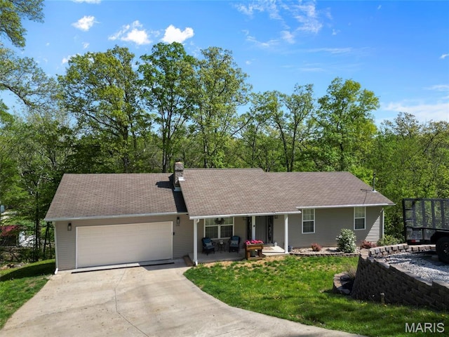 7172 Briarwood Dr, Cedar Hill, MO 63016 - ranch-style house with concrete driveway, a garage, a chimney, a porch, and a front yard