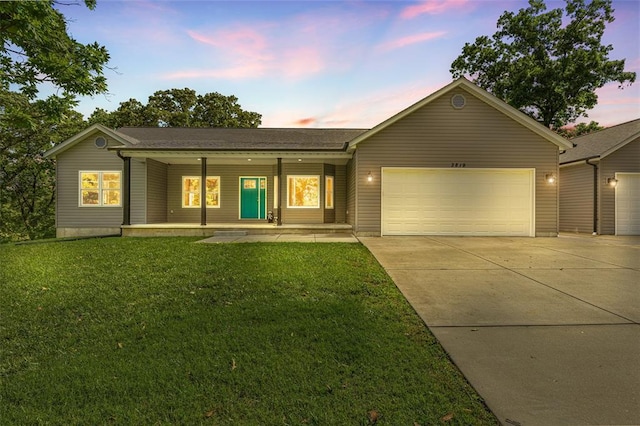 3819 E Four Ridge Rd, Imperial, MO 63052 - ranch-style house with driveway, a garage, a porch, and a front yard