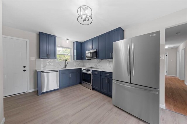 1865 Shardell Dr, Spanish Lake Township, MO 63138 - kitchen with appliances with stainless steel finishes, a sink, blue cabinetry, and light wood-style floors