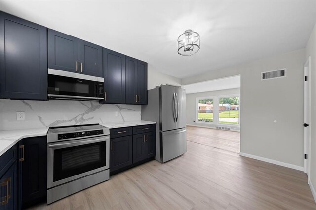 1865 Shardell Dr, Spanish Lake Township, MO 63138 - kitchen with appliances with stainless steel finishes, light wood-type flooring, tasteful backsplash, and baseboards