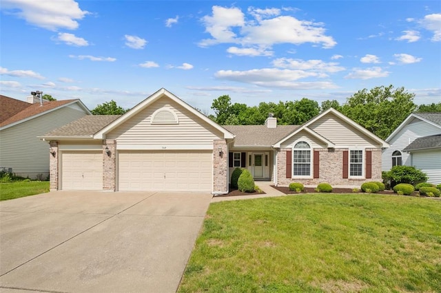 748 Emerald Oaks Ct, Eureka, MO 63025 - ranch-style home with brick siding, a garage, driveway, a front yard, and a chimney