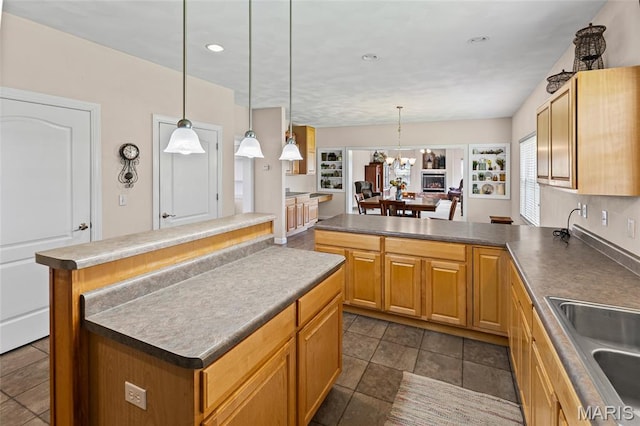 6517 Augies Way Pl, Millstadt, IL 62260 - kitchen featuring a chandelier, a center island, dark countertops, and recessed lighting
