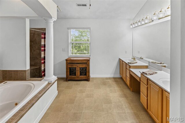6517 Augies Way Pl, Millstadt, IL 62260 - bathroom with ornate columns, two vanities, a whirlpool tub, and tiled shower